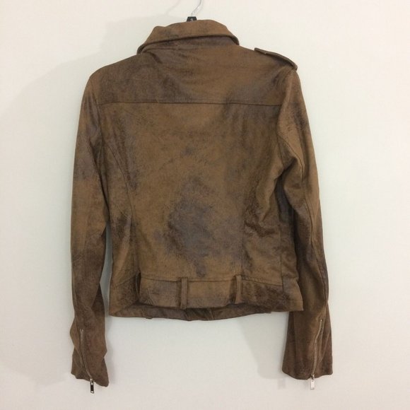 BNCI Faux Suede Asymmetrical Zip Long Sleeve Brown Moto Jacket Distressed Medium - Picture 5 of 9